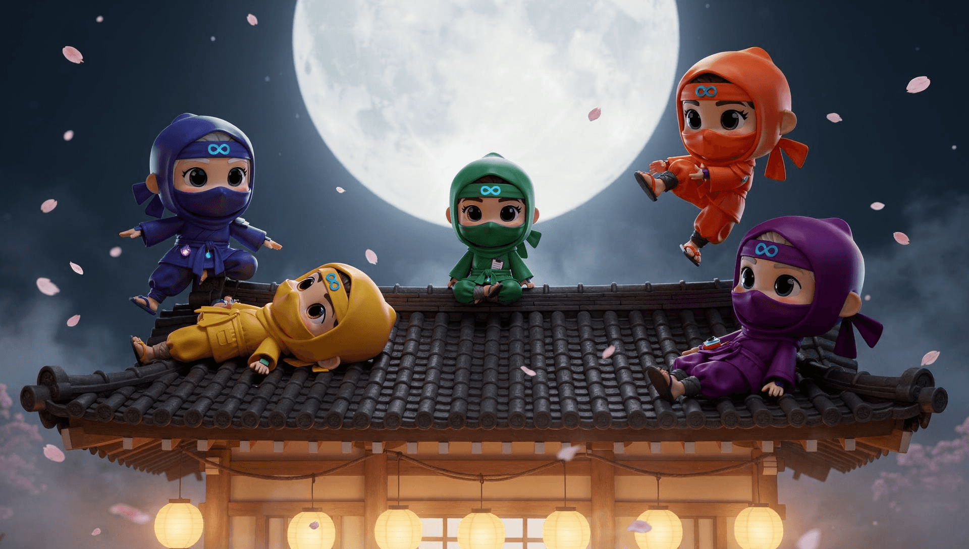 The UltisAI team — five AI ninja employees on a rooftop under the full moon